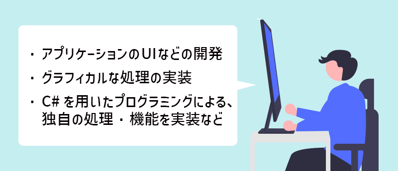 ・アプリケーションのUIなどの開発 ・グラフィカルな処理の実装 ・C#を用いたプログラミングによる、独自の処理・機能を実装など