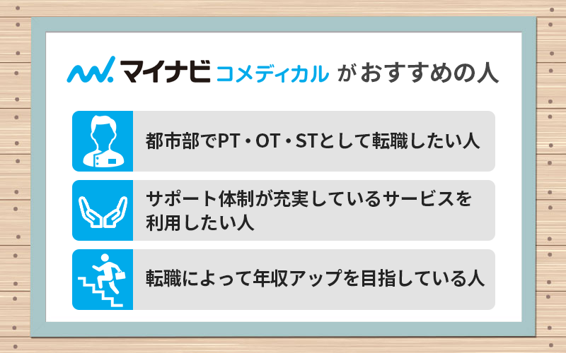 マイナビコメディカルがおすすめの人 ●都市部でPT・OT・STとして転職したい人 ●サポート体制が充実しているサービスを利用したい人 ●転職によって年収アップを目指している人