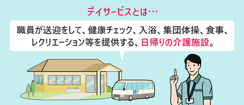 デイサービスとは職員が送迎をして、健康チェック、入浴、集団体操、食事、レクリエーション等を提供する、日帰りの介護施設。