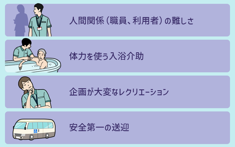 デイサービスの仕事で大変なこと ●人間関係の難しさ ●体力を使う入浴介助 ●企画が大変なレクリエーション ●安全第一の送迎