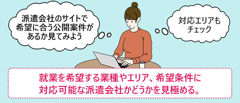 就業を希望する業種やエリア、希望条件に対応可能な派遣会社かどうかを見極める。