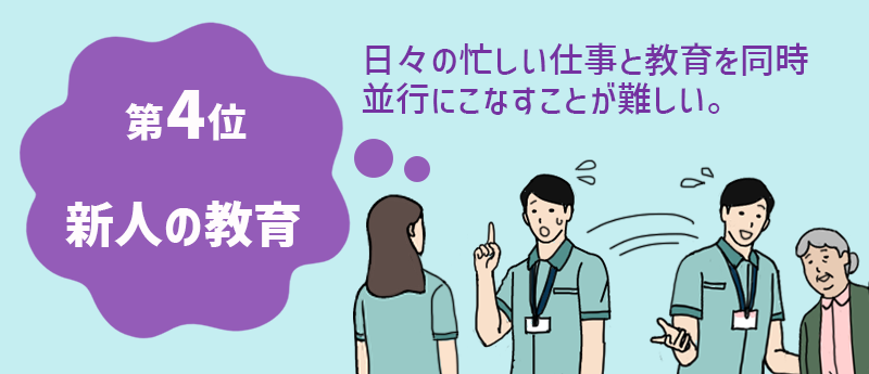 介護職の仕事で大変な事 第4位:新人の教育 日々の忙しい仕事と教育を同時並行にこなすことが難しい。