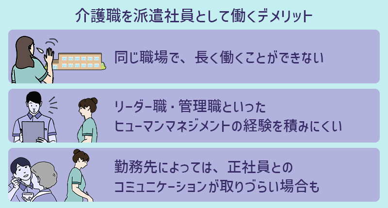 派遣社員のデメリット ■同じ職場で、長く働くことができない ■リーダー職・管理職といったヒューマンマネジメントの経験を積みにくい ■勤務先によっては、正社員とのコミュニケーションが取りづらい場合も