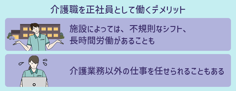 正社員のデメリット ■施設によっては、不規則なシフト、長時間労働があることも ■介護業務以外の仕事を任せられることもある