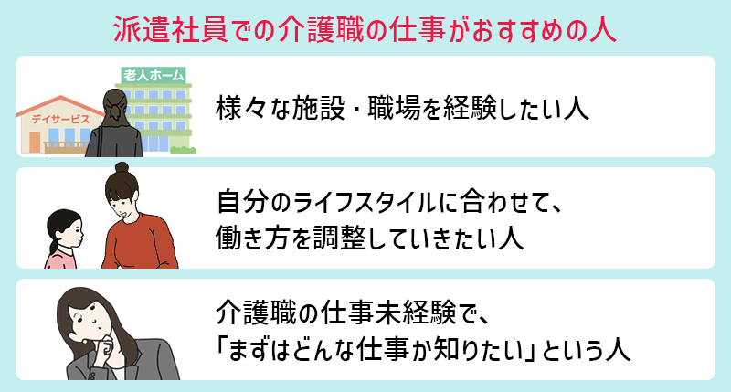 派遣社員がおすすめの人 ■様々な施設・職場を経験したい人 ■自分のライフスタイルに合わせて、働き方を調整していきたい人 ■介護職の仕事未経験で、「まずはどんな仕事か知りたい」という人