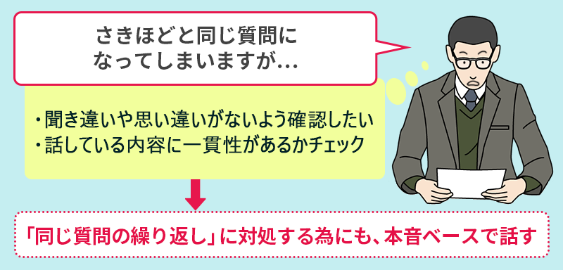 さきほどと同じ質問になってしまいますが…(・聞き違いや思い違いがないよう確認したい・話している内容に一貫性があるかチェック)→「同じ質問の繰り返し」に対処する為にも、本音ベースで話す