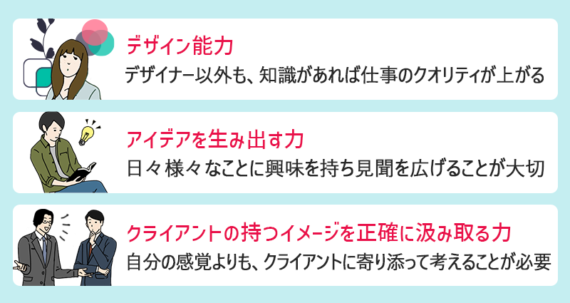 ディスプレイ業界に必要な知識・スキル ●デザイン能力(デザイナー以外も、知識があれば仕事のクオリティが上がる) ●アイデアを生み出す力(日々様々なことに興味を持ち見聞を広げることが大切) ●クライアントのイメージを汲み取る力(自分の感覚よりも、クライアントに寄り添って考えることが必要)