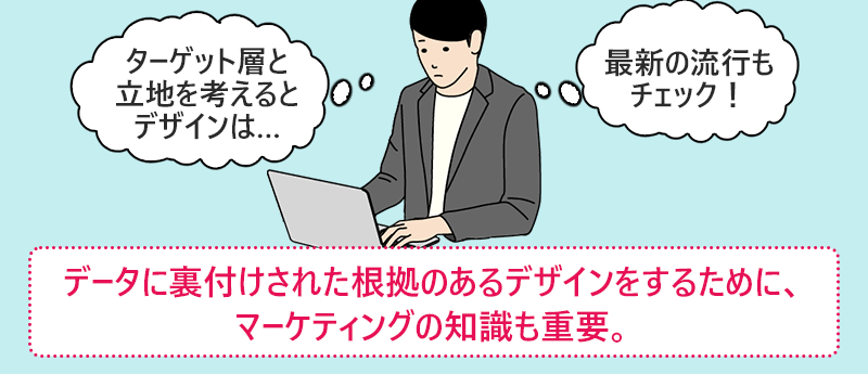 データに裏付けされた根拠のあるデザインをするために、マーケティングの知識も重要。