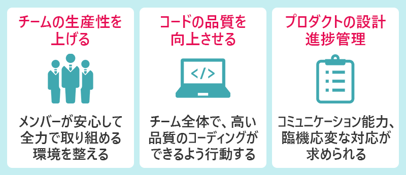 テックリードの業務内容 ■チームの生産性を上げる(メンバーが安心して全力で取り組める環境を整える) ■コードの品質を向上させる(チーム全体で、高い品質のコーディングができるよう行動する) ■プロダクトの設計/進捗管理(コミュニケーション能力、臨機応変な対応が求められる)