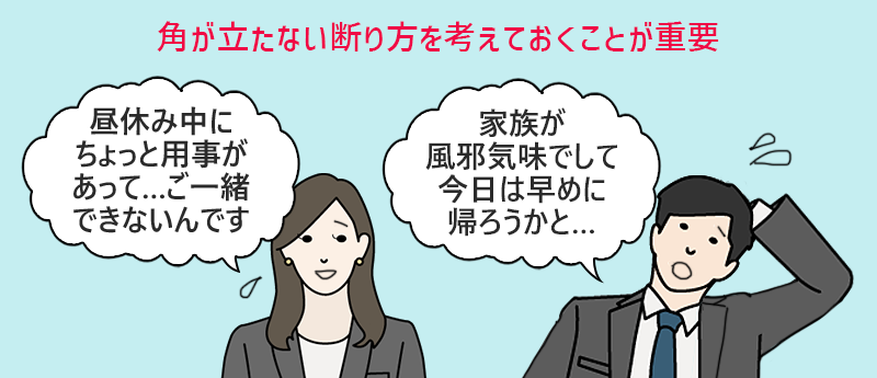 角が立たない断り方を考えておくことが重要 「昼休み中にちょっと用事があって…ごいっしょできないんです」「家族が風邪気味でして今日は早めに帰ろうかと…」