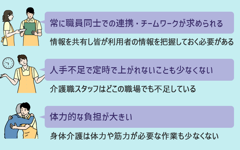 ホームヘルパーの大変なところ ●職員同士の連携・チームワークが求められる(情報を共有し皆が利用者の情報を把握しておく必要がある) ●定時で上がれない日も少なくない(介護職スタッフはどこの職場でも不足している) ●体力的な負担が大きい(身体介護は体力や筋力が必要な作業も少なくない)