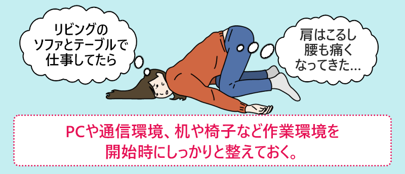 PCや通信環境、机や椅子など作業環境を開始時にしっかりと整えておく。