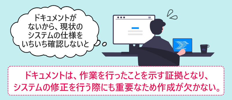 ドキュメントは、作業を行ったことを示す証拠となり、システムの修正を行う際にも重要なため作成が欠かない。