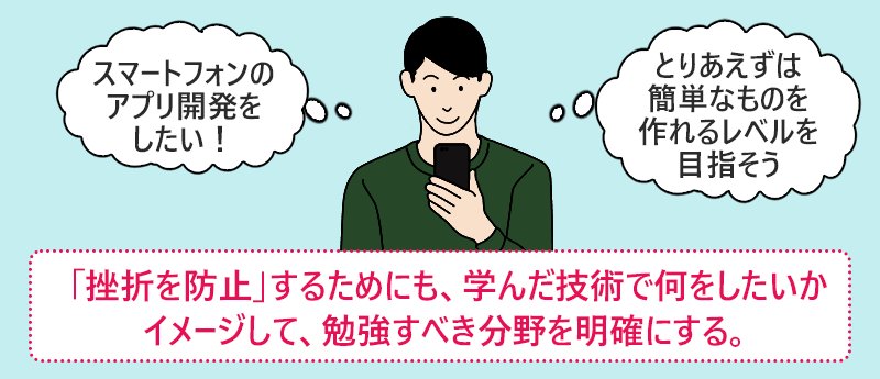 「挫折を防止」するためにも、学んだ技術で何をしたいかイメージして、勉強すべき分野を明確にする。