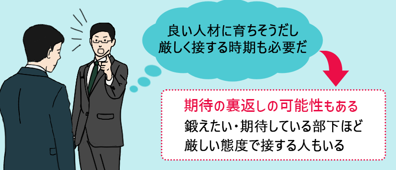 (良い人材に育ちそうだし厳しく接する時期も必要だ)期待の裏返しの可能性もある。鍛えたい・期待している部下程厳しい態度で接する人もいる