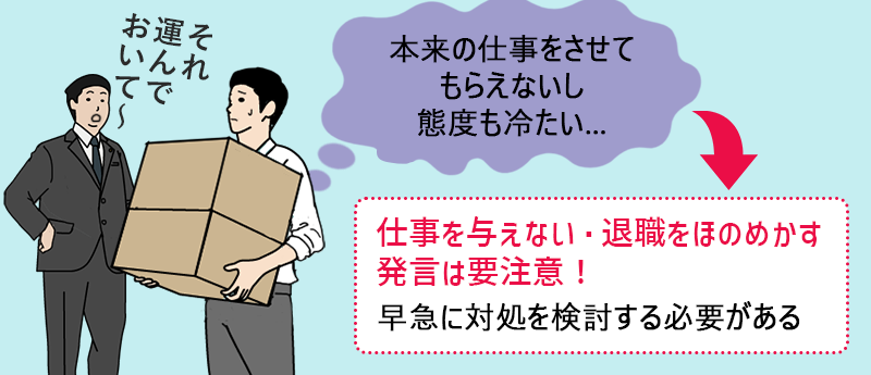 (本来の仕事をさせてもらえないし、態度も冷たい…)→仕事を与えない・退職をほのめかす発言は要注意!早急に対処を検討する必要がある
