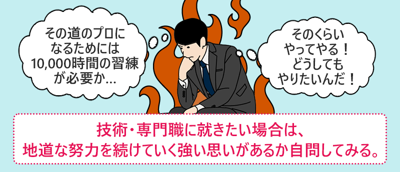 技術・専門職に就きたい場合は、地道な努力を続けていく強い思いがあるか自問してみる。