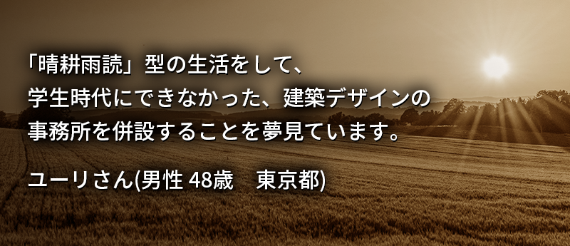「晴耕雨読」型の生活をして、学生時代にできなかった、建築デザインの事務所を併設することを夢見ています。