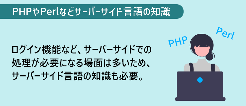 PHPやPerlなどサーバーサイド言語の知識 ログイン機能など、サーバーサイドでの処理が必要になる場面は多いため、サーバーサイド言語の知識も必要。