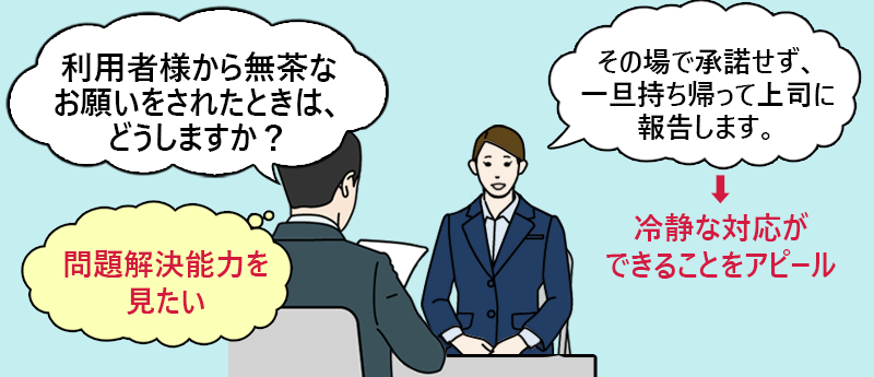 質問「利用者様から無茶なお願いをされたときは、どのように対応いたしますか?」→問題解決能力を見たい 回答:冷静な対応ができることをアピール