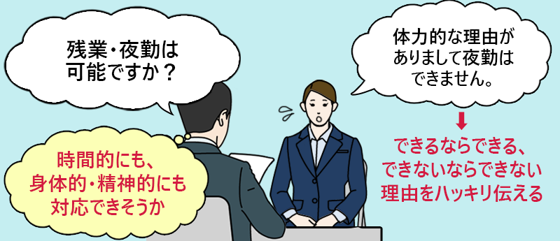 質問「残業・夜勤は可能ですか?」→時間的にも、身体的・精神的にも対応できそうか 回答:できるならできる、できないならできない理由をハッキリ伝える