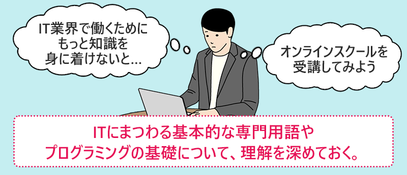 ITにまつわる基本的な専門用語やプログラミングの基礎について、理解を深めておく。