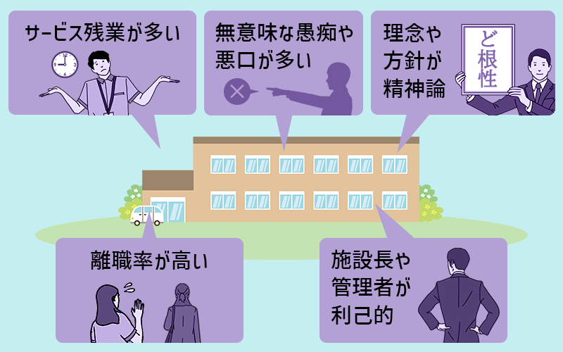ブラックな介護施設の特徴5つ ●サービス残業が多い ●離職率が高い ●無意味な悪口が多い ●理念や方針が精神論 ●施設長・管理者が利己的