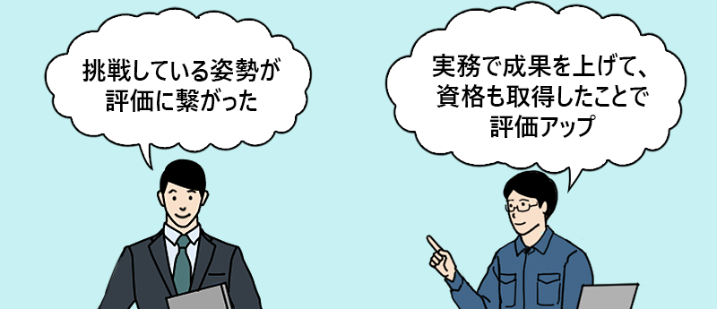 「コツコツやってきたことが数字という結果に出たことと挑戦している姿勢が評価に繋がった」「実務でそれなりの成果をあげて、資格も取得したことで評価アップ」