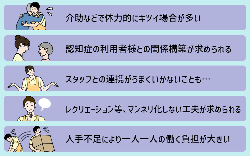 グループホームの大変なところ ●体力を酷使する仕事 ●利用者との信頼関係の構築が不可欠 ●スタッフとの連携がうまくいかず… ●レクリエーションなどの企画力も必要 ●慢性的な人手不足で一人一人への負担が大きい
