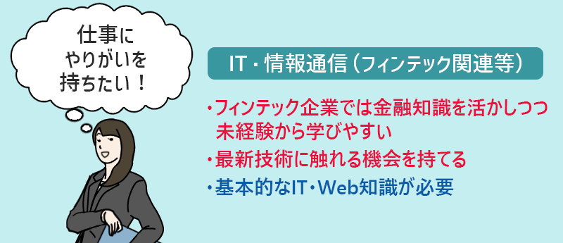 IT・情報通信(フィンテック関連等) ・フィンテック企業では金融知識を活かしつつ未経験から学びやすい ・最新技術に触れる機会を持てる ・基本的なIT・Web知識が必要