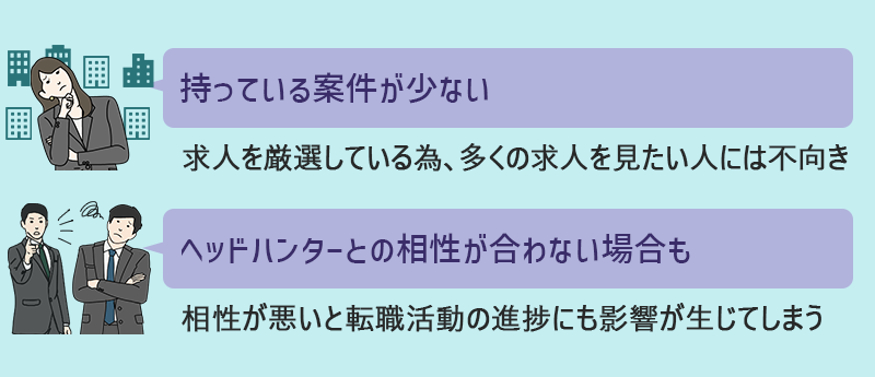 ヘッドハンティングを使うデメリット ●持っている案件が少ない(求人を厳選している為、多くの求人を見たい人には不向き) ●ヘッドハンターとの相性が合わない場合も(相性が悪いと転職活動の進捗にも影響が生じてしまう)