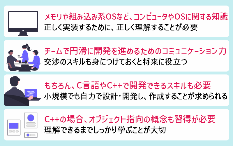 ●メモリや組み込み系OSなど、コンピュータやOSに関する知識(正しく実装するために、正しく理解することが必要) ●チームで円滑に開発を進めるためのコミュニケーション力(交渉のスキルも身につけておくと将来に役立つ) ●C言語やC++で開発できるスキル(小規模でも自力で設計・開発し、作成することが求められる) ●C++の場合、オブジェクト指向の概念も習得が必要(理解できるまでしっかり学ぶことが大切)