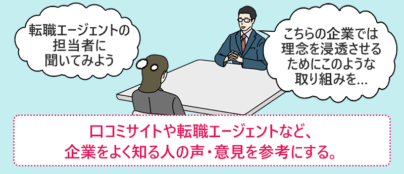 口コミサイトや転職エージェントなど、企業をよく知る人の声・意見を参考にする
