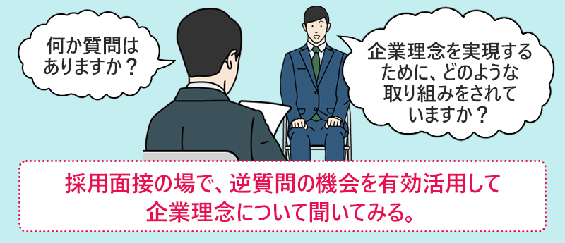 採用面接の場で、逆質問の機会を有効活用して企業理念について聞いてみる。