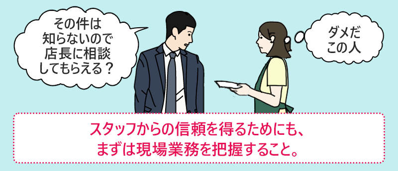 スタッフからの信頼を得るためにも、まずは現場業務を把握すること。
