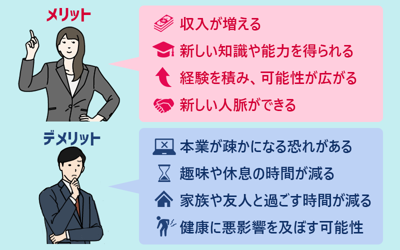 副業のメリット ●収入が増える ●新しい知識や能力を得られる ●経験を積み、可能性が広がる ●新しい人脈ができる 副業のデメリット ●本業が疎かになる恐れがある ●趣味や休息の時間が減る ●家族や友人と過ごす時間が減る ●健康に悪影響を及ぼす可能性