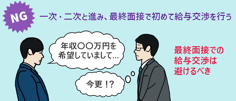 一次・二次と進み、最終面接で初めて給与交渉を行う→最終面接での給与交渉は避けるべき