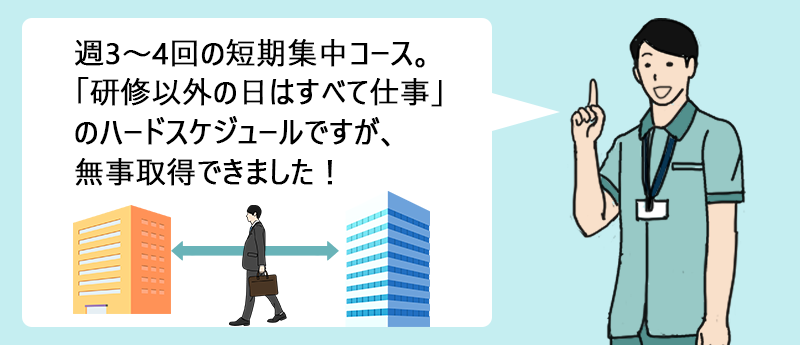 週3~4回の短期集中コース。「研修以外の日はすべて仕事」のハードスケジュールですが、無事取得できました!