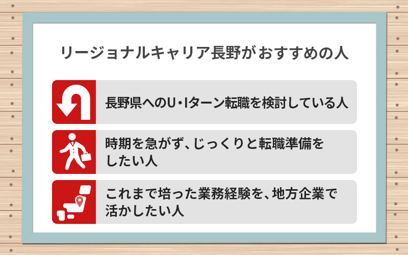 リージョナルキャリア長野がおすすめの人:●長野県へのU・Iターン転職を検討している人 ●時期を急がず、じっくりと転職準備をしたい人 ●これまで培った業務経験を、地方企業で活かしたい人