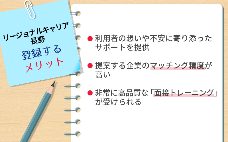 リージョナルキャリア長野に登録するメリット:・利用者の想いや不安に寄り添ったサポートを提供 ・提案する企業のマッチング精度が高い ・非常に高品質な「面接トレーニング」が受けられる