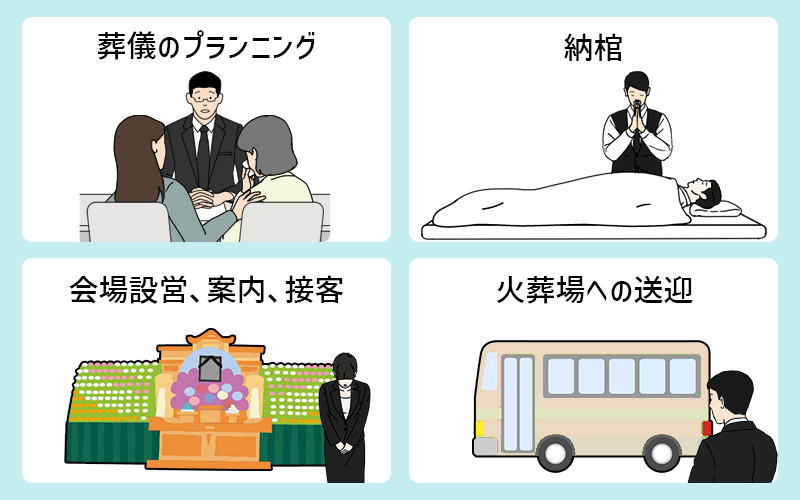 ●葬儀のプランニング ●納棺 ●葬儀当日の会場設営、案内、接客 ●火葬場への送迎