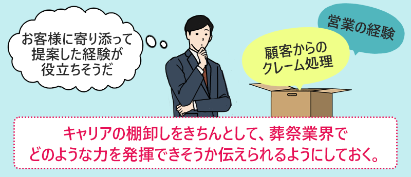 キャリアの棚卸しをきちんとして、葬祭業界でどのような力を発揮できそうか伝えられるようにしておく。