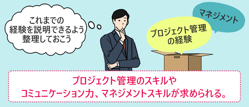プロジェクト管理のスキルやコミュニケーション力、マネジメントスキルが求められる。