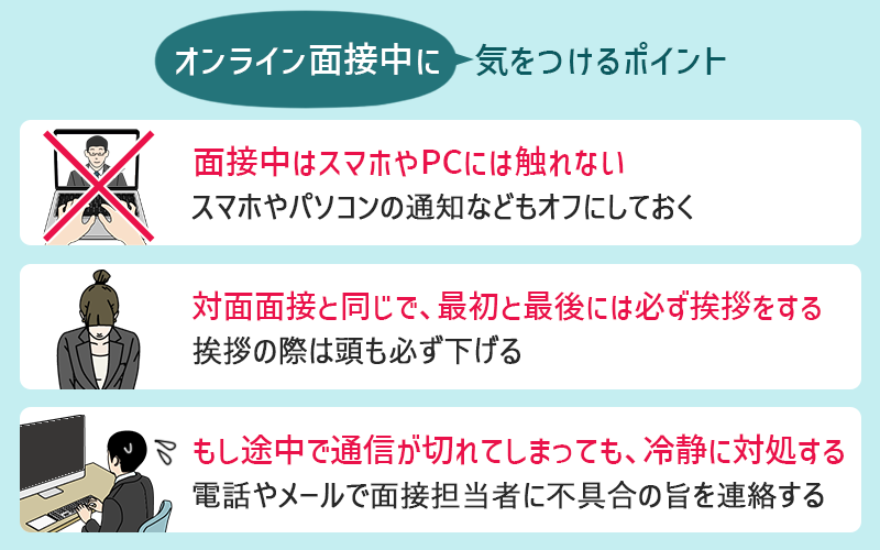 オンライン面接中に意識するポイント ●画面中はスマホ・PCに触れない(スマホやパソコンの通知などもオフにしておく) ●対面面接と同じで、最初と最後には必ず挨拶をする(挨拶の際は頭も必ず下げる) ●途中で通信が切れてもあわてない(電話やメールで面接担当者に不具合の旨を連絡する)