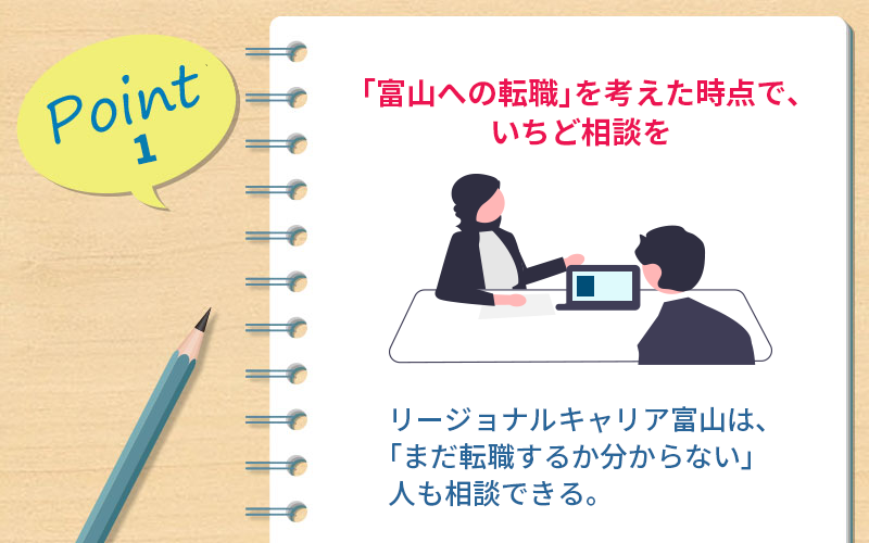 Point1 「富山への転職」を考えた時点で、いちど相談を。リージョナルキャリア富山は、「まだ転職するか分からない」人も相談できる。