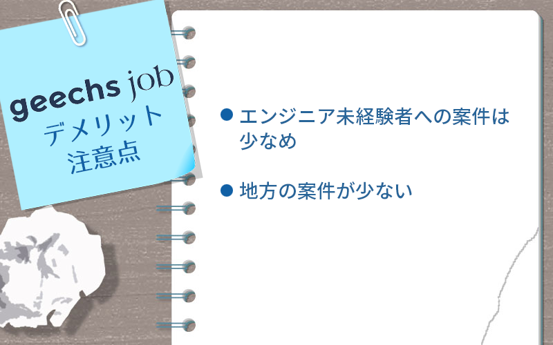 ギークスジョブ(geechs job)のデメリット・注意点 ●エンジニア未経験者への案件は少なめ ●地方の案件が少ない