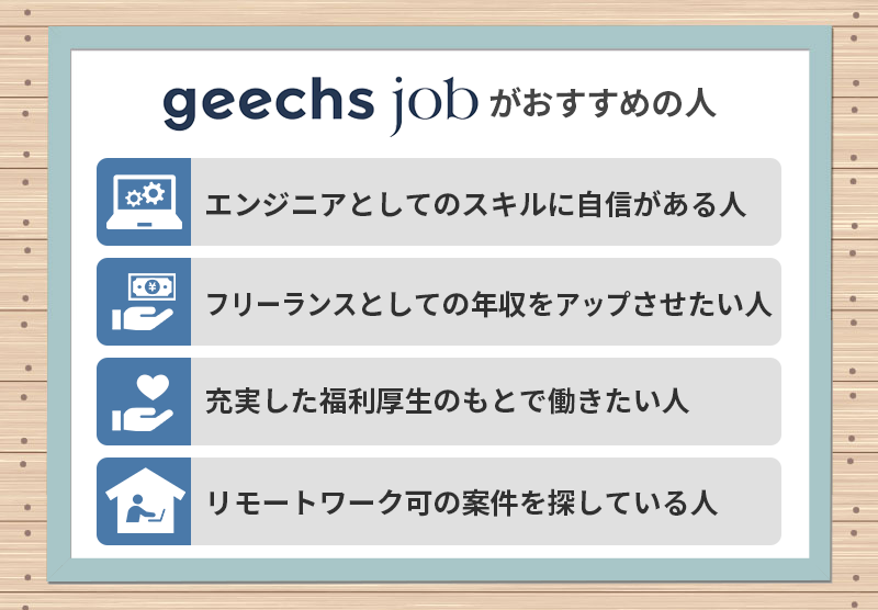 ギークスジョブおすすめの人 ■エンジニアとしてのスキルに自信がある人 ■フリーランスとしての年収をアップさせたい人 ■充実した福利厚生のもとで働きたい人 ■リモートワーク可の案件を探している人