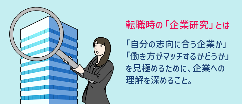 転職時の「企業研究」とは「自分の志向に合う企業か」「働き方がマッチするかどうか」を見極めるために、企業への理解を深めること。