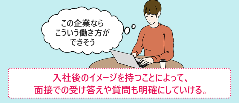 入社後のイメージを持つことによって、面接での受け答えや質問も明確にしていける。