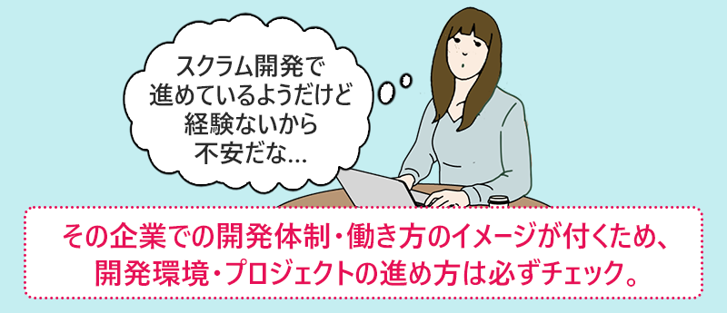 その企業での開発体制・働き方のイメージが付くため、開発環境・プロジェクトの進め方は必ずチェック。